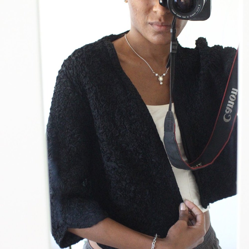 Black Vintage Ribbon Work Top, Open Jacket Shawl